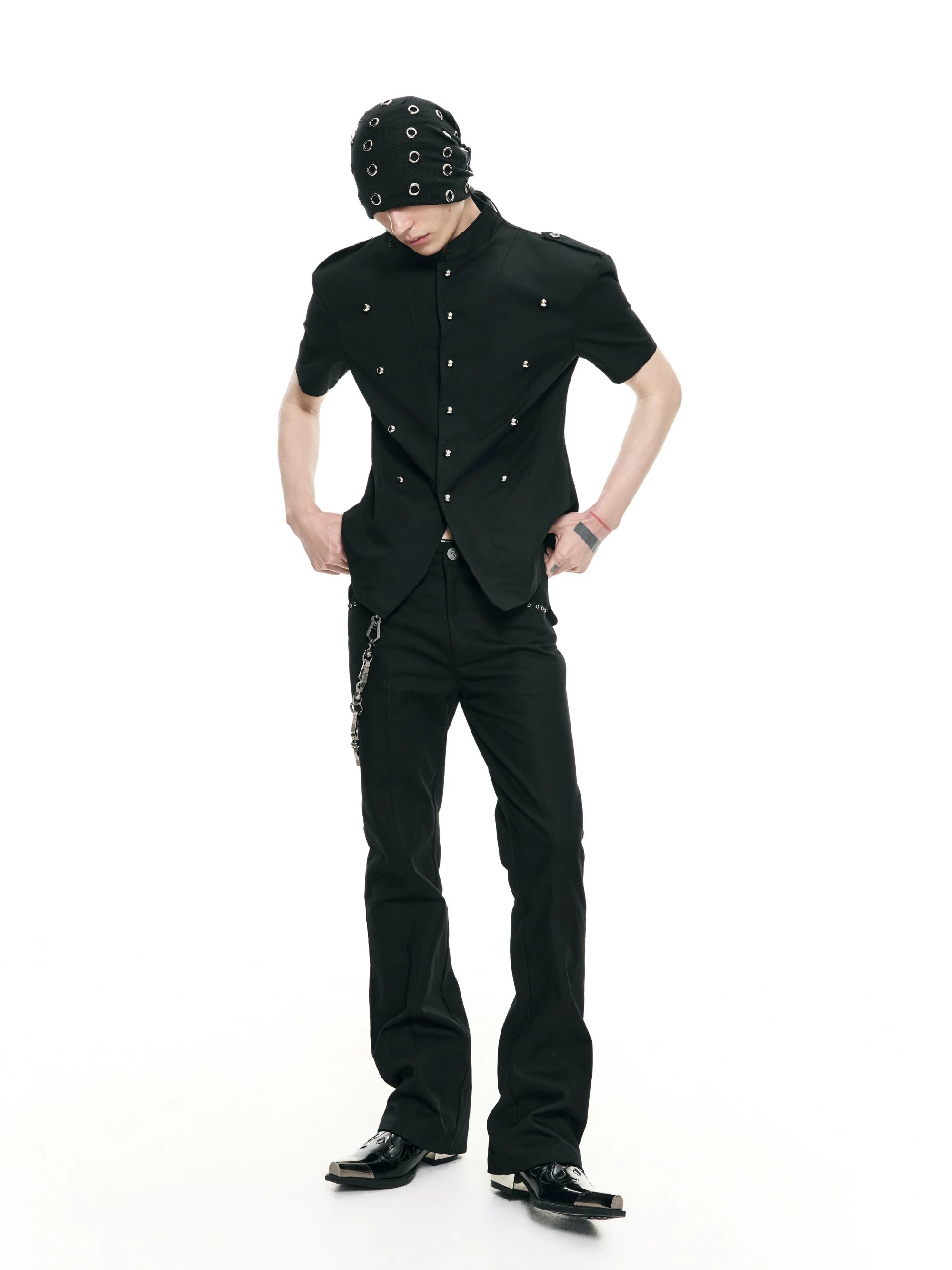 Waist-Cinched Padded Rivet Short-Sleeve Shirts
