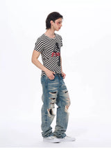Letter Print Striped Short Sleeve Tees