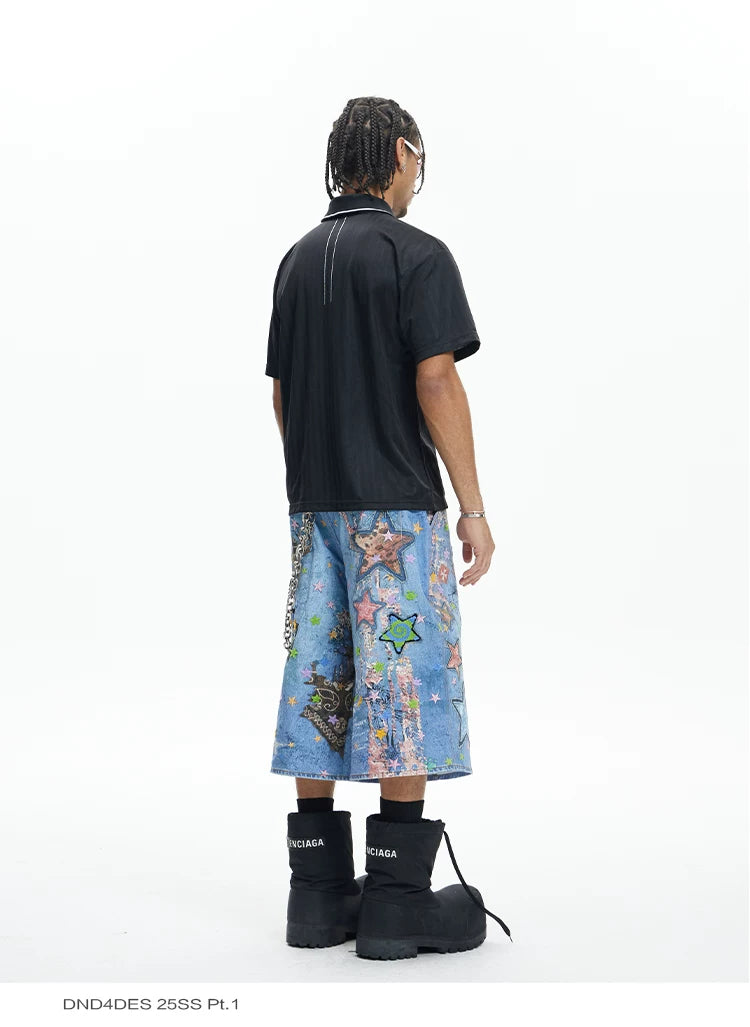 American Street Cartoon Printed Denim Shorts