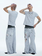 Flared Digital Print Double Waistband Sweatpants