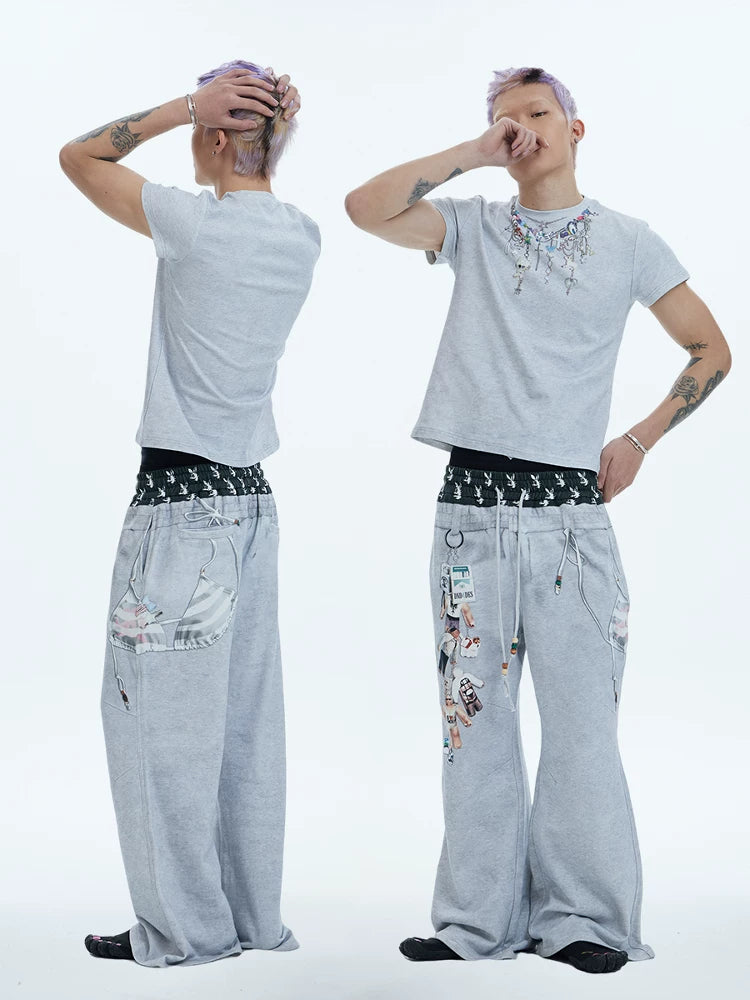 Flared Digital Print Double Waistband Sweatpants