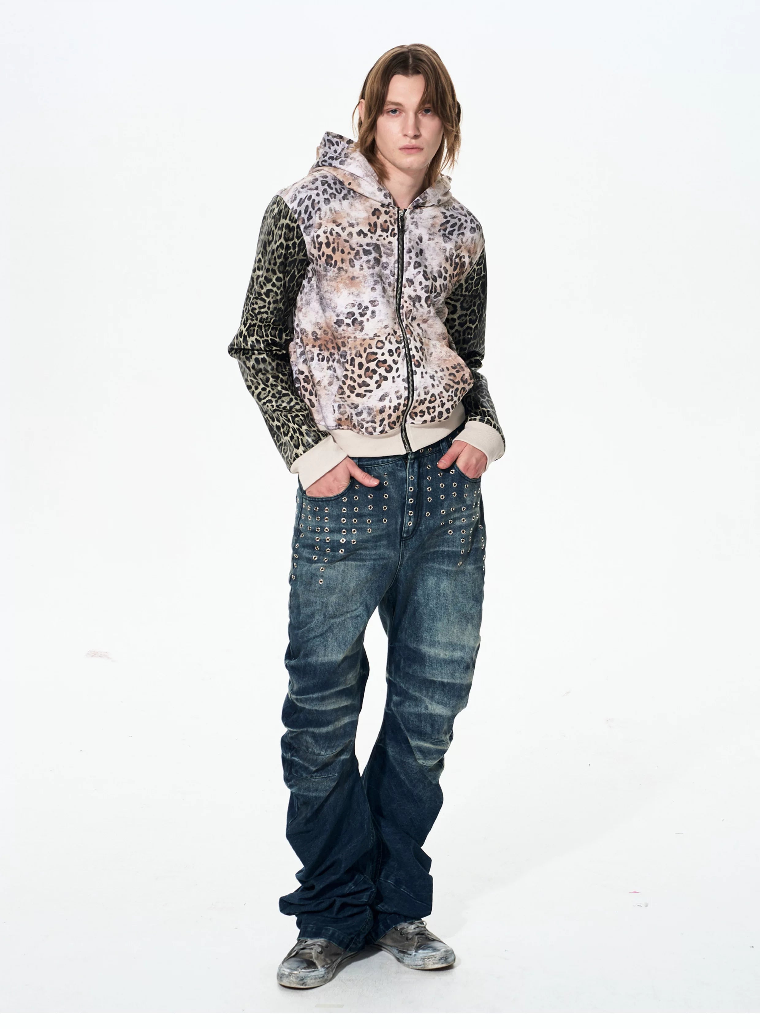 Leopard Patchwork Hooded Rivet Jacket