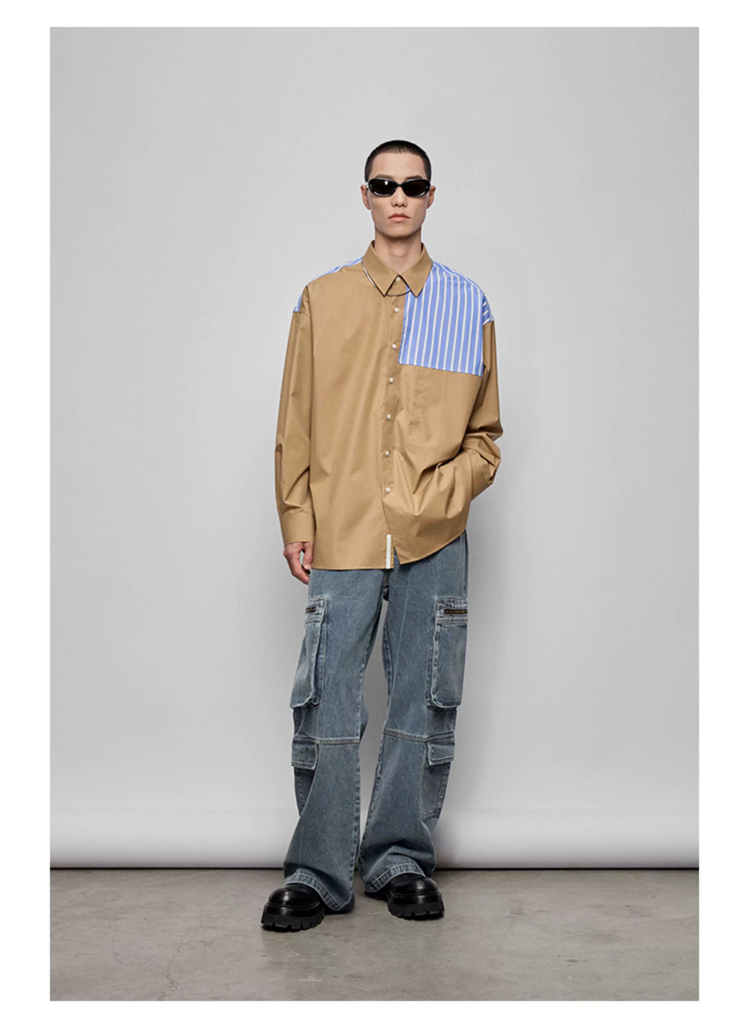 Color-block Striped Cotton Pocket Shirt