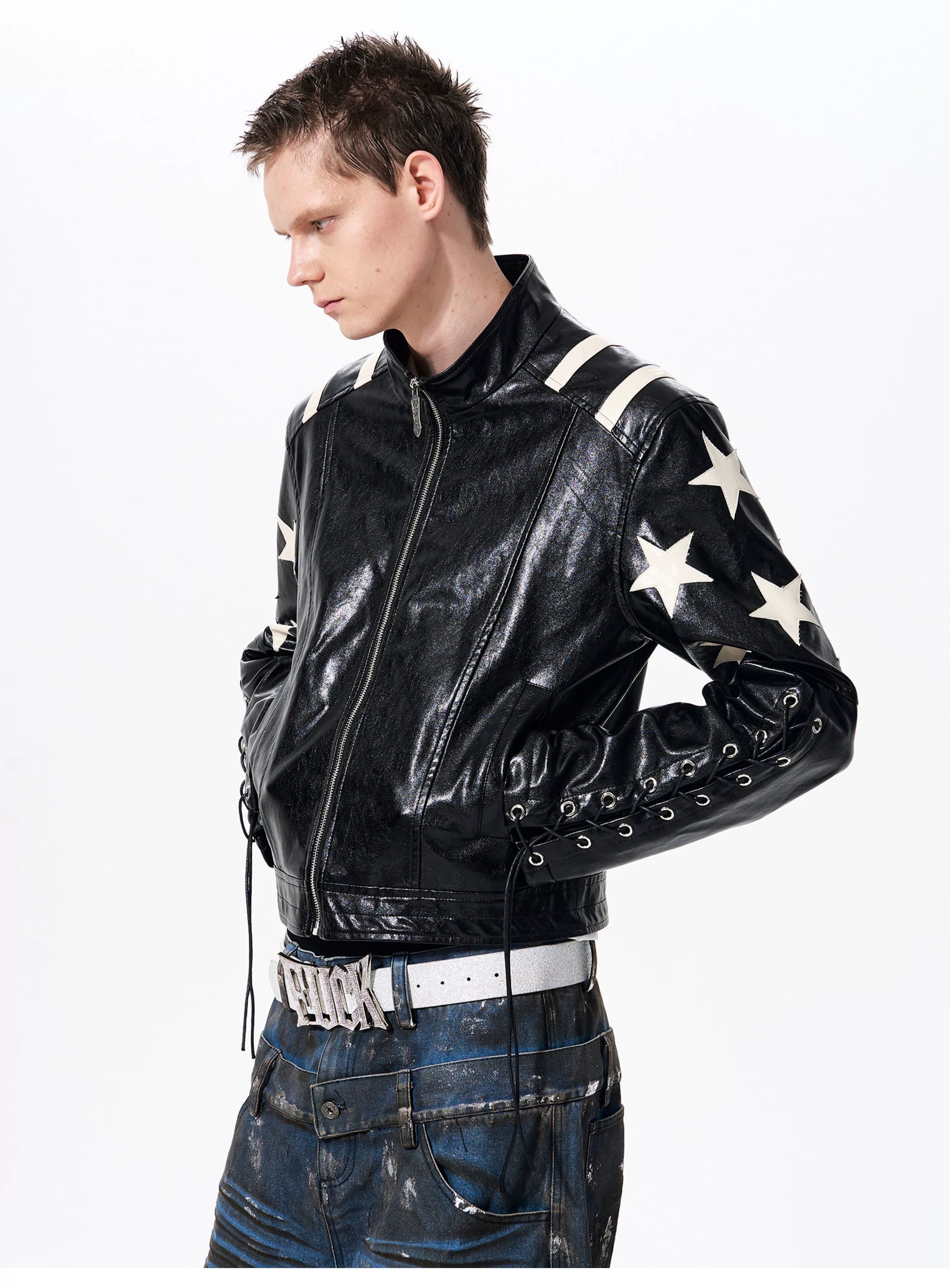 Men's Cropped Star Leather Biker Jacket