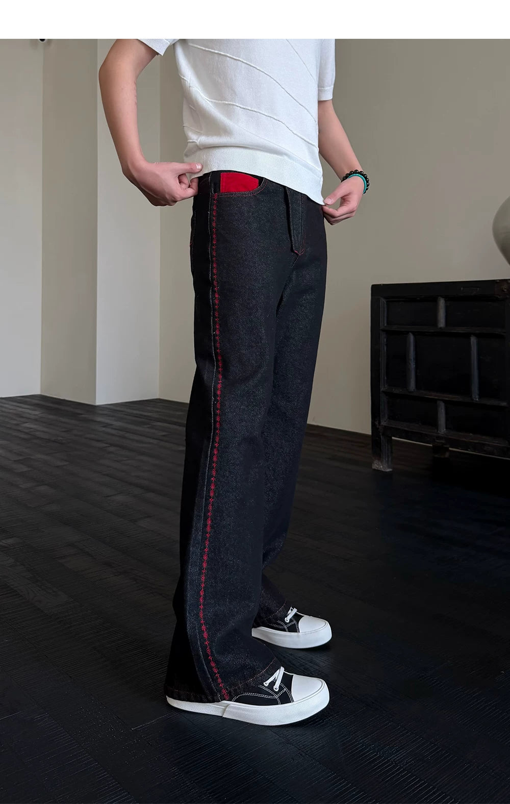 Men's Embroidered Flared Raw Denim Jeans