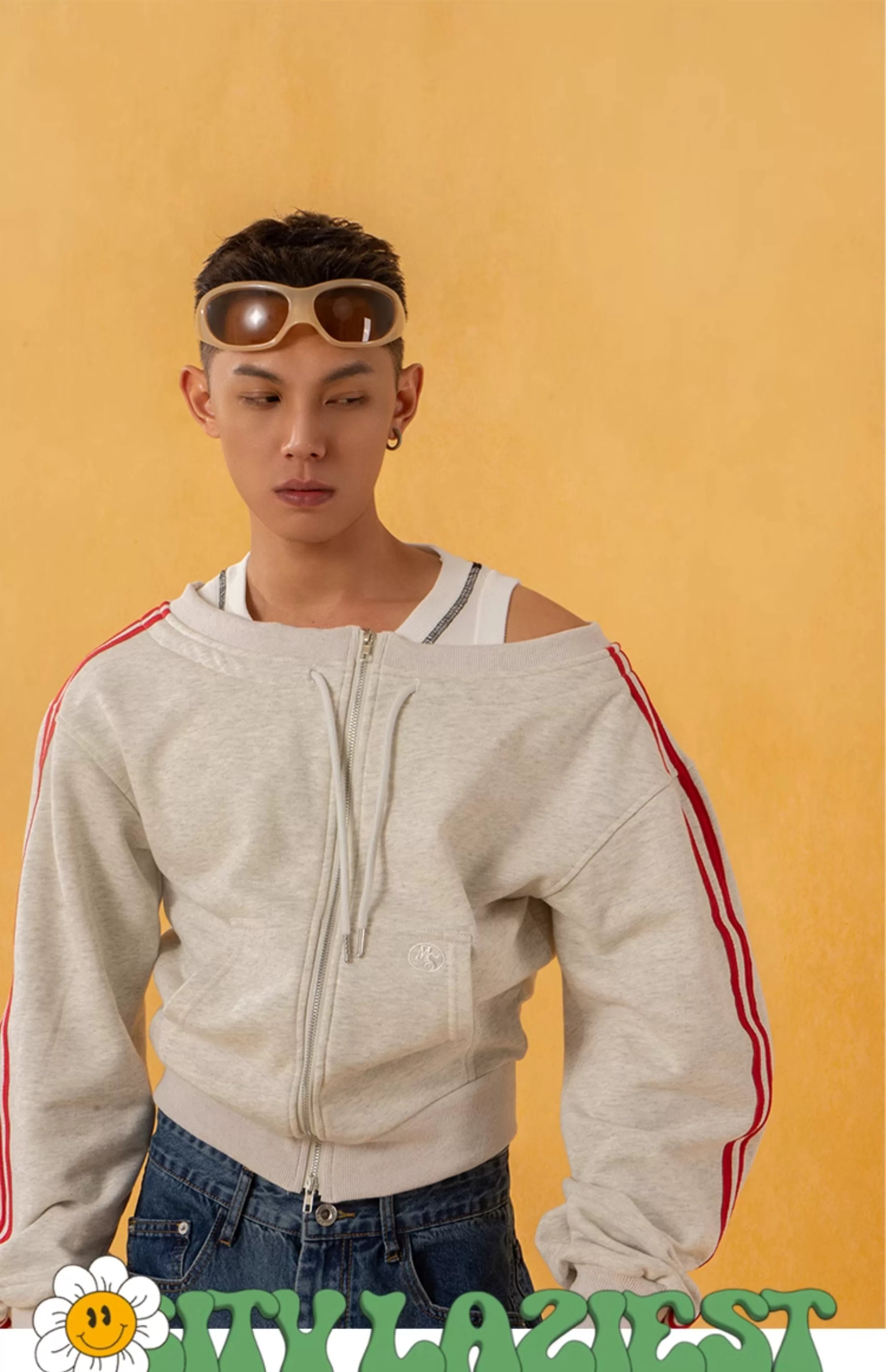 Heather Gray Striped Off-Shoulder Zip-Up Sweatshirt