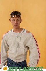 Heather Gray Striped Off-Shoulder Zip-Up Sweatshirt