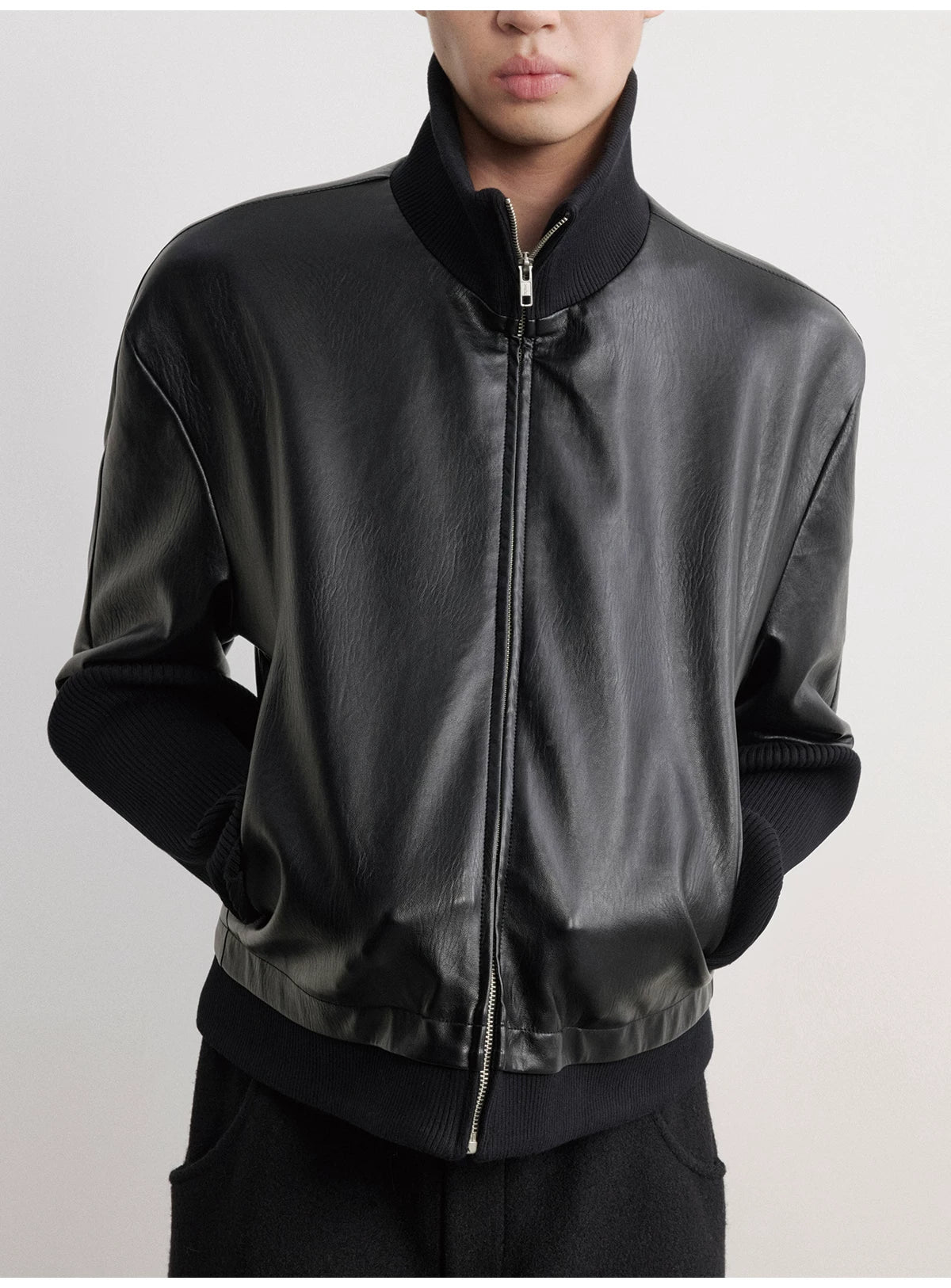 Black Ribbed Cuff Faux Leather Jacket