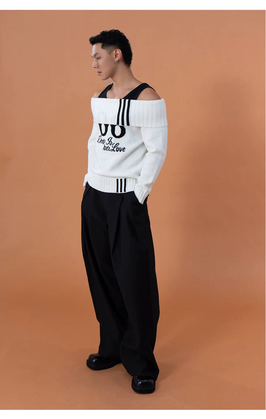 Loose Unisex White Off-shoulder Turtleneck Sweater