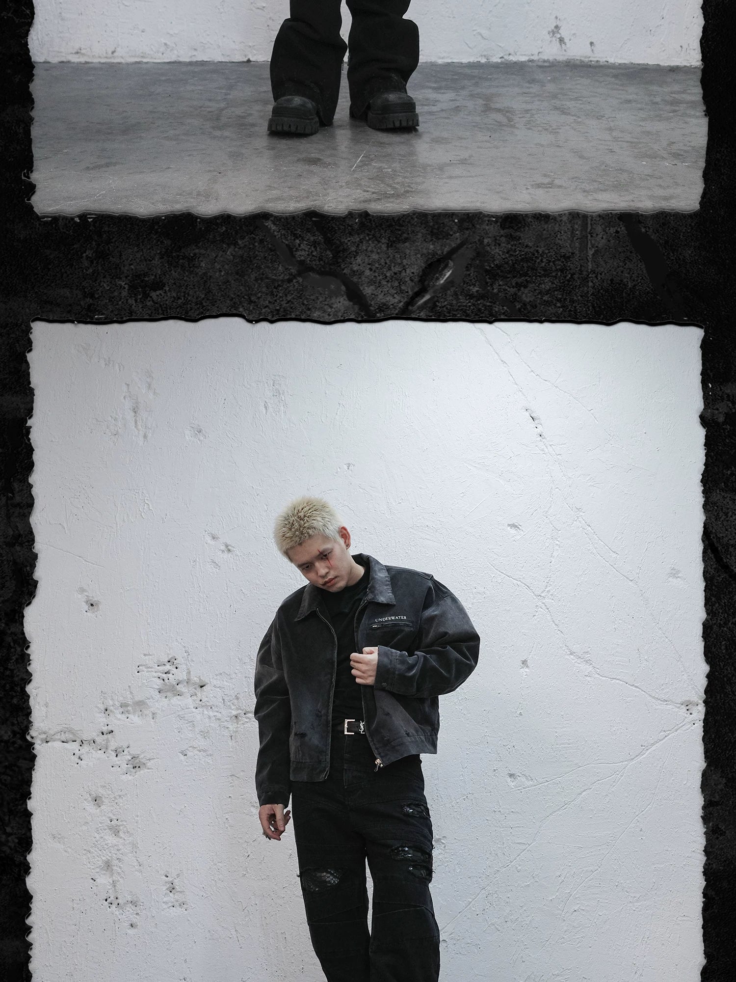 Washed Distressed Printed Gradient Detroit Jacket