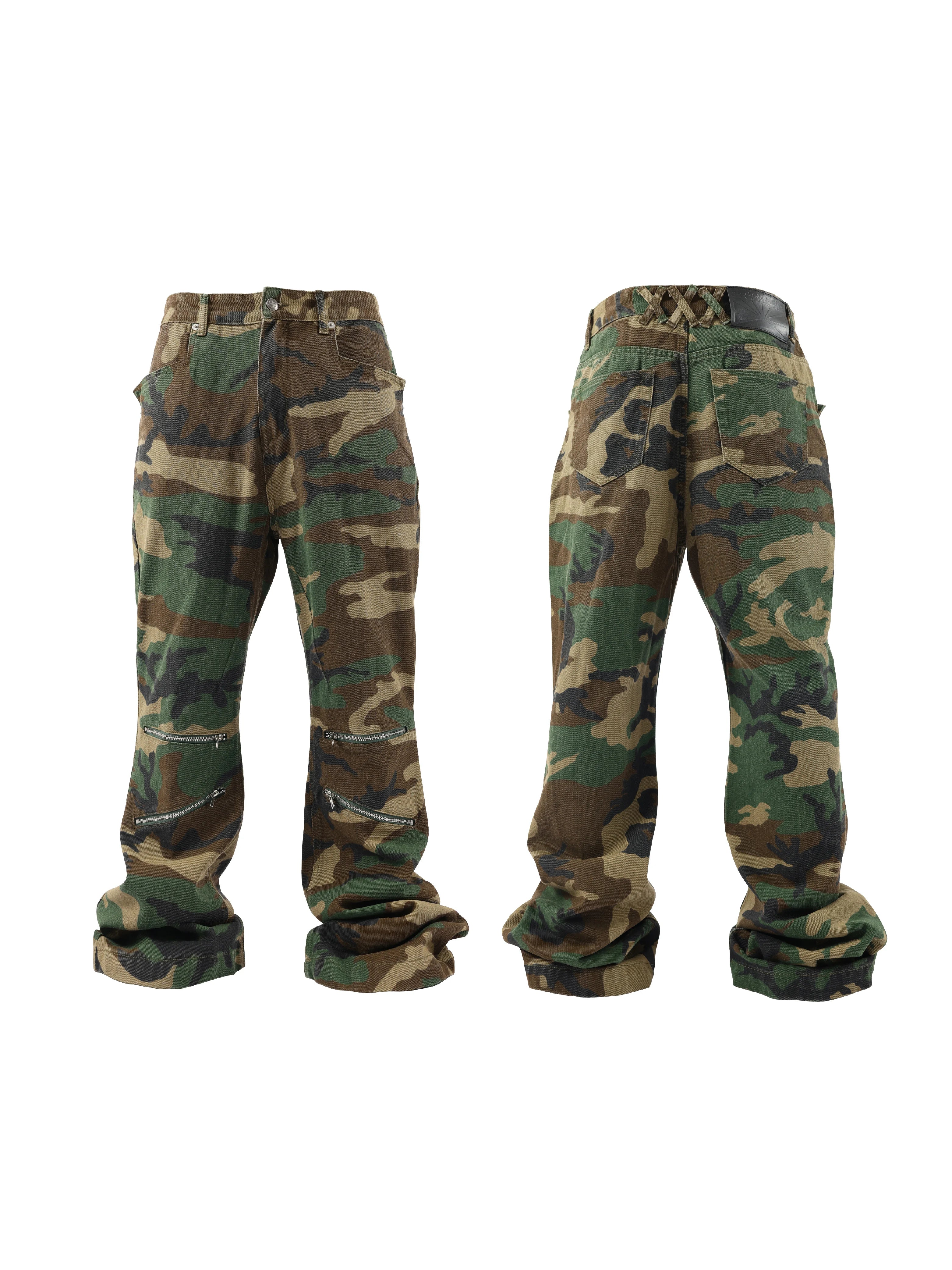 Olive Camouflage Flared Zippered Denim Jeans