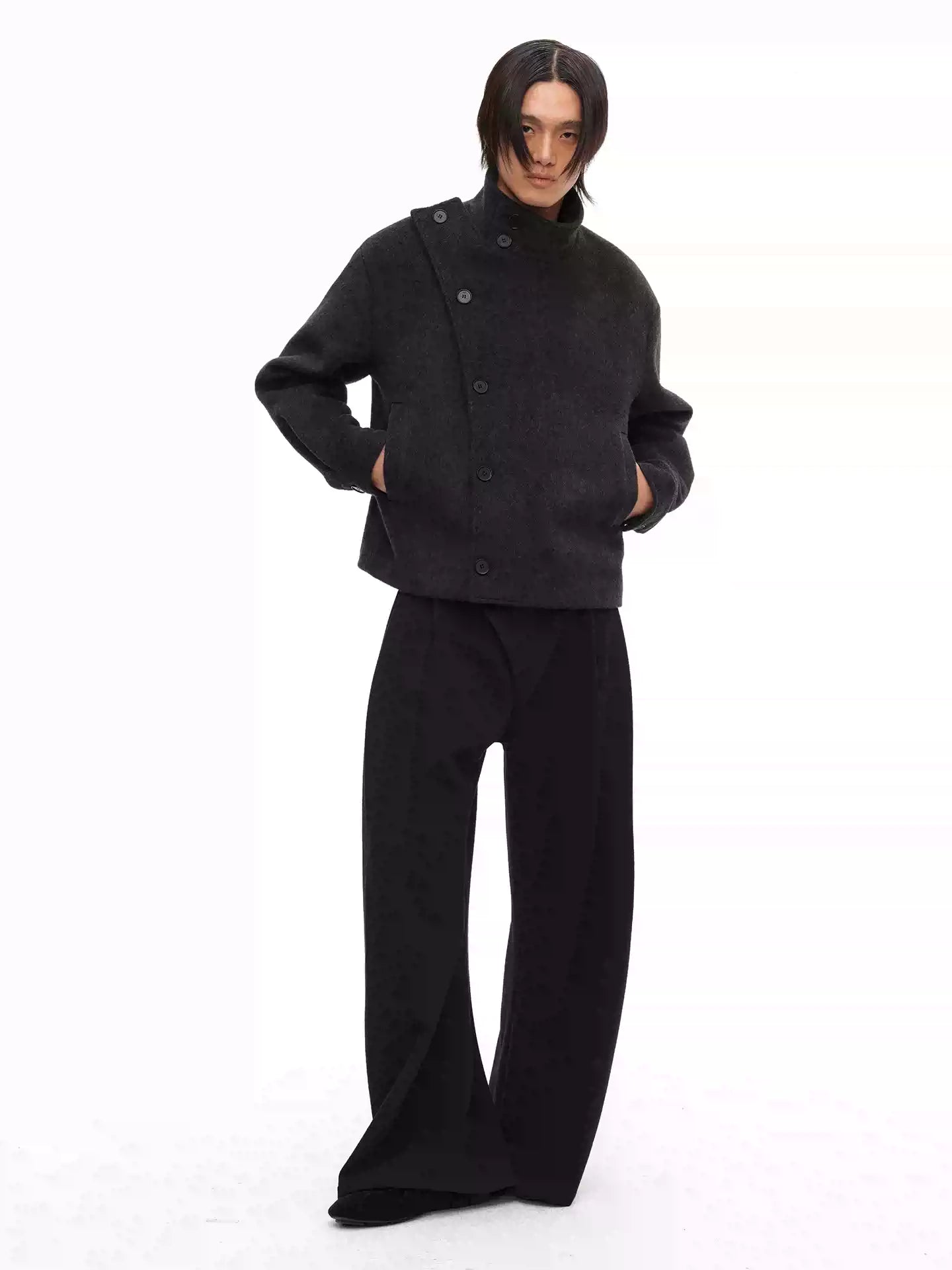 Collared Buttoned Adjustable Waist Wool Jacket