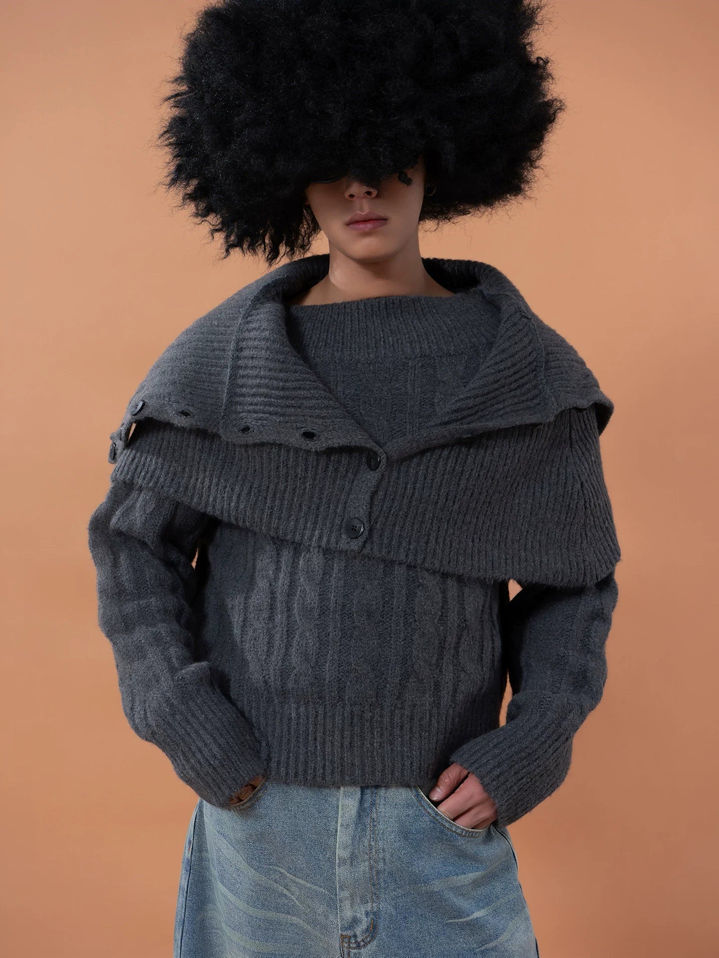 Unisex Detachable Grey Knit Cardigan Scarf