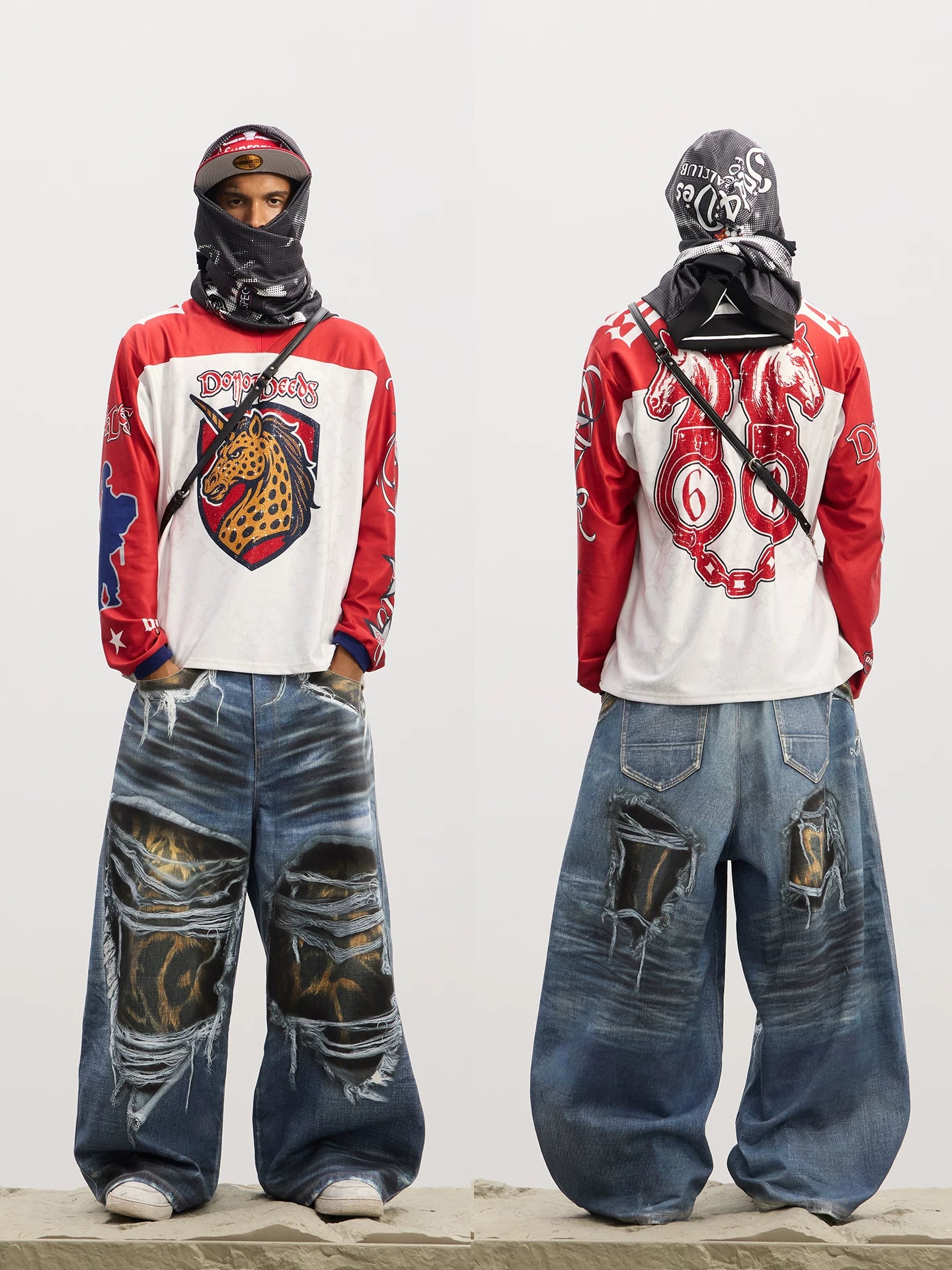 Leopard Print Ripped Washed Baggy Jeans