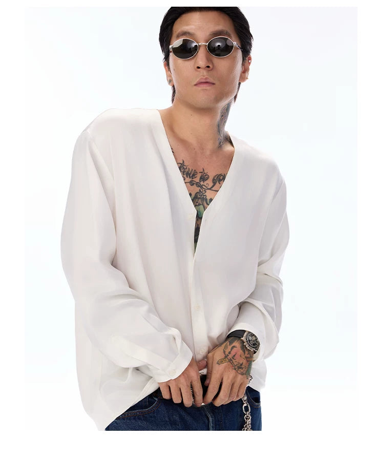 Satin V-Neck Acetate Long-Sleeve Shirt