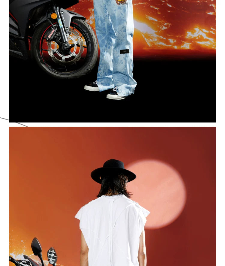 Asymmetric Tie-dye Washed Blue Flare Jeans