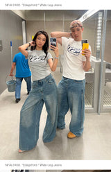 Wide Leg Cuffed Washed Jeans