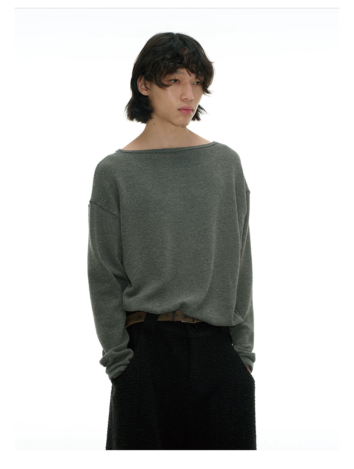 Ribbed Boat Neck Long Sleeve Tops