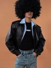 Black Shirt-Collared Faux Leather Moto Jacket