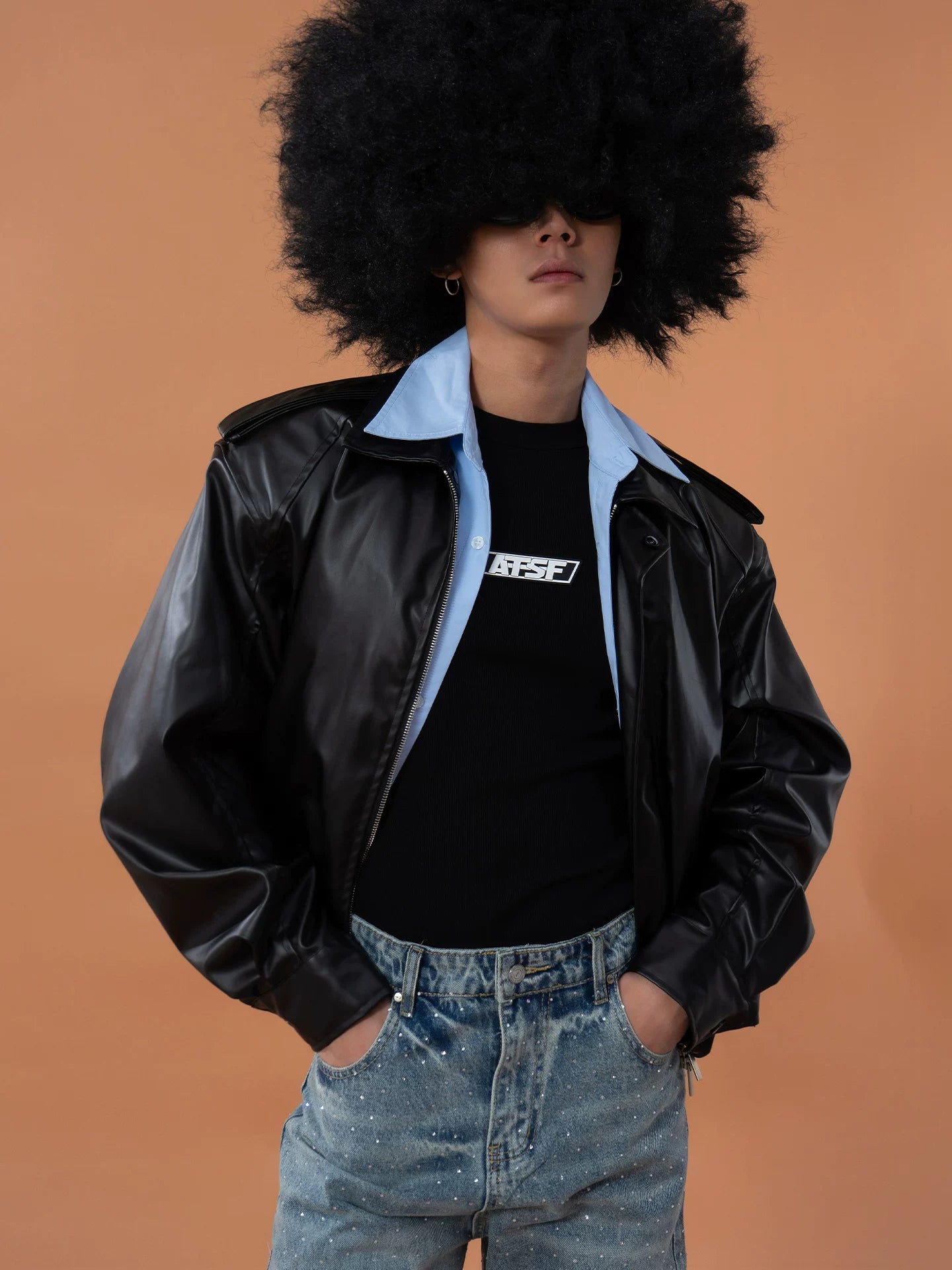 Black Shirt-Collared Faux Leather Moto Jacket