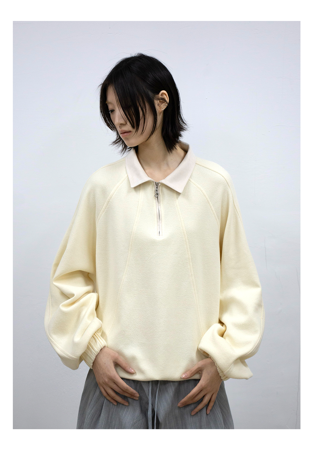Half-Zip Deconstructed Long-Sleeve Suede Polo Shirt