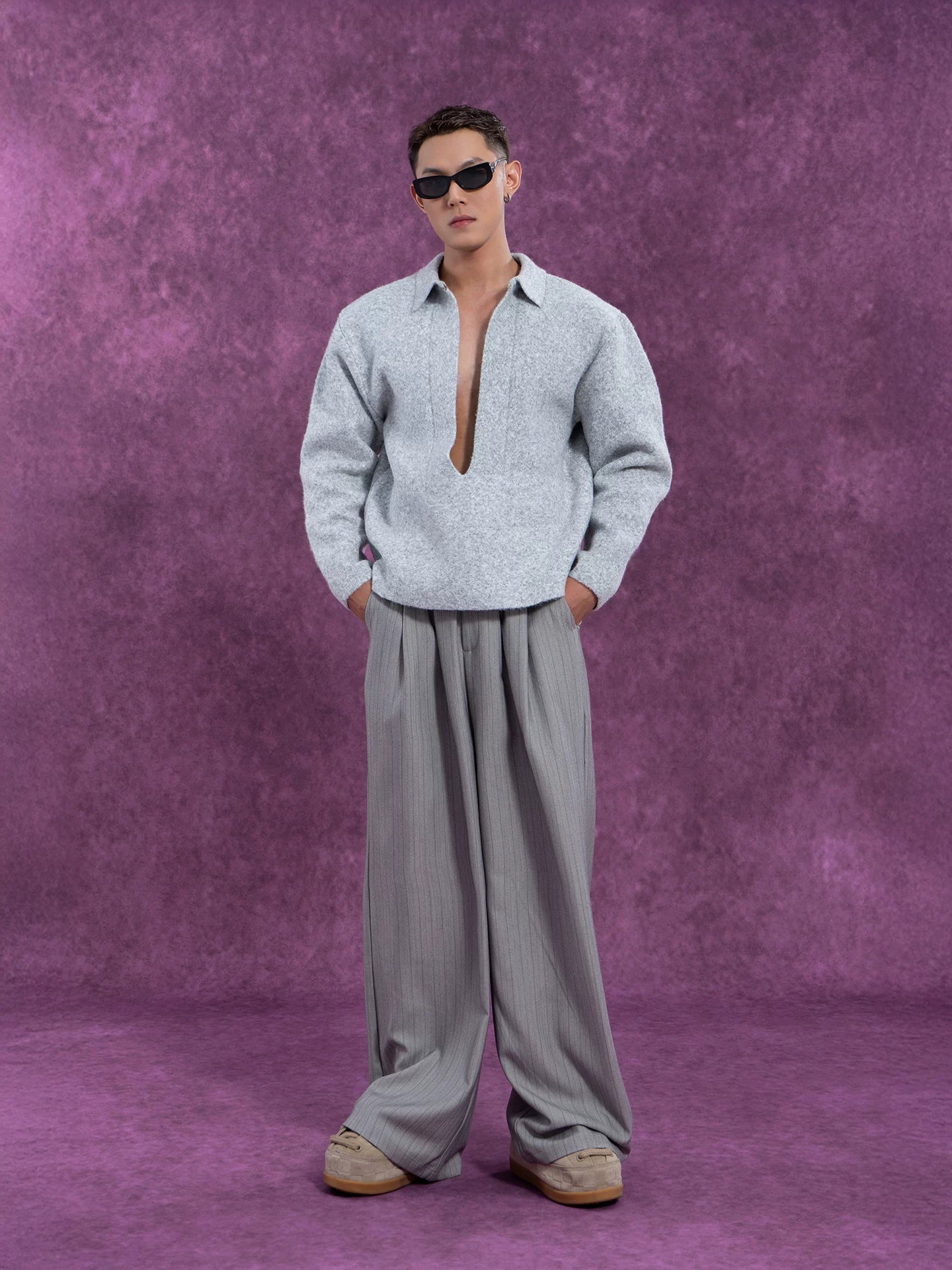Long Charcoal V Neck Wool Sweater