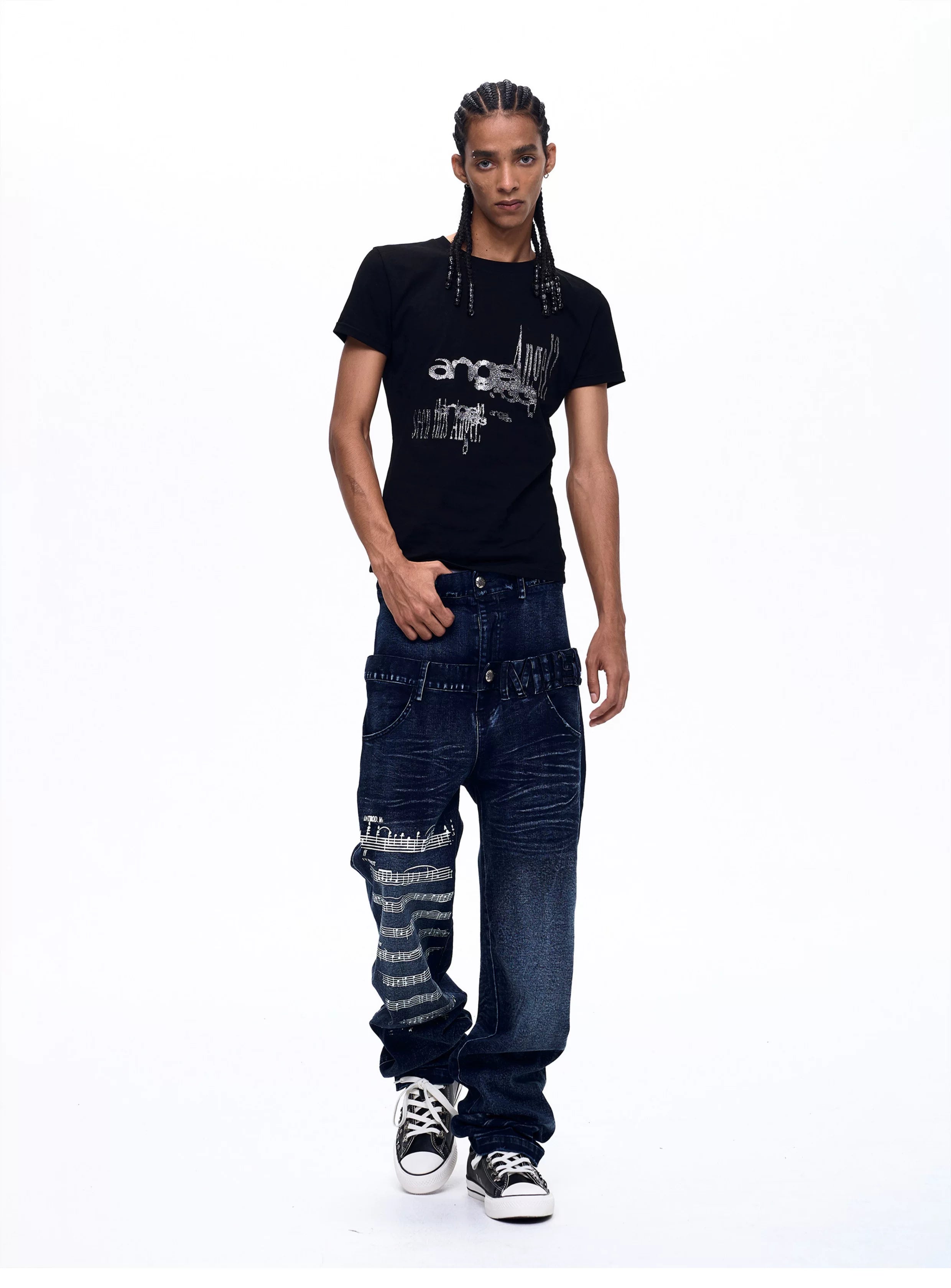 Men's Washed Blue Double Waistband Jeans