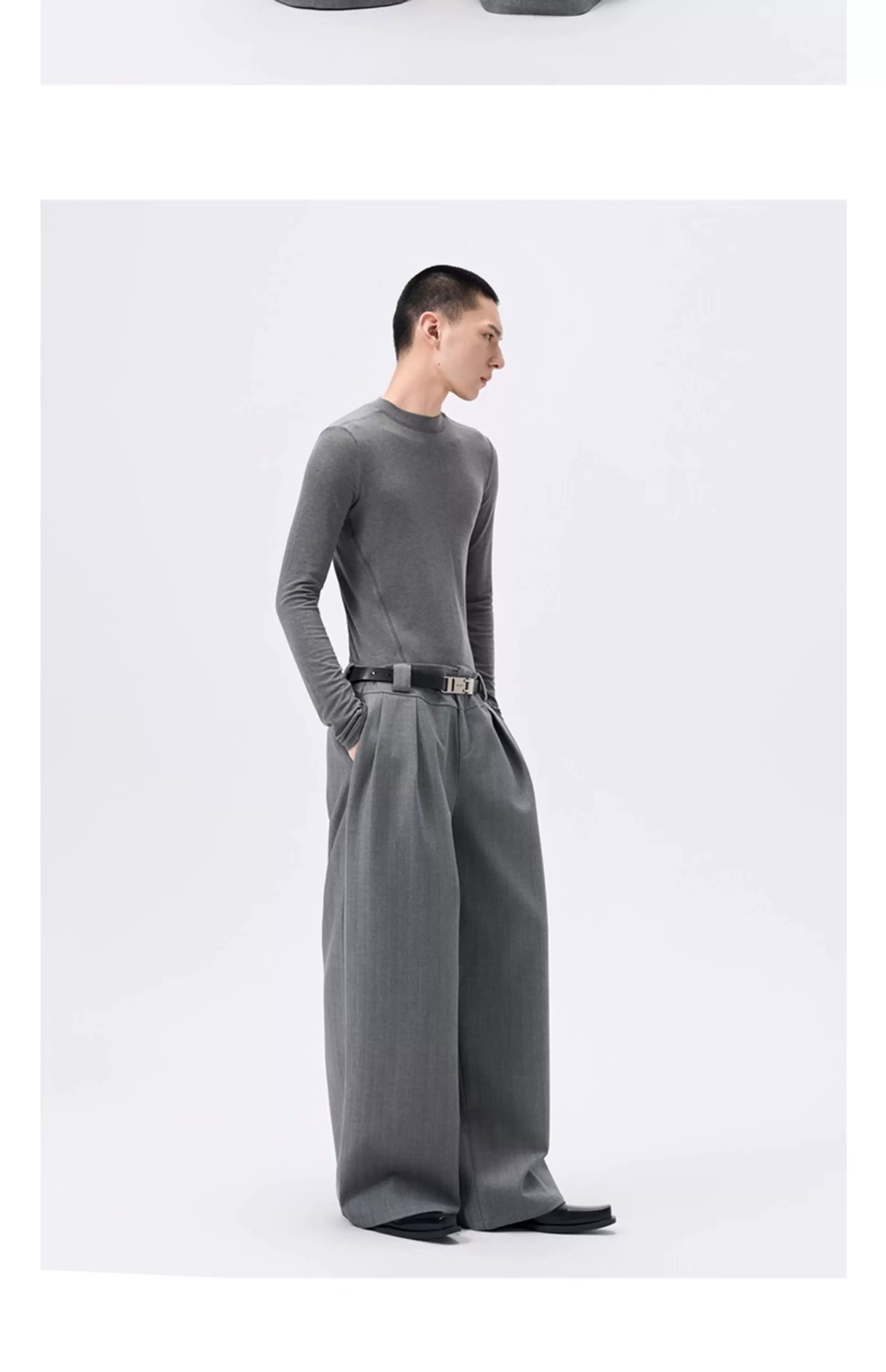 Grey Striped Wide Leg Lyocell Pants