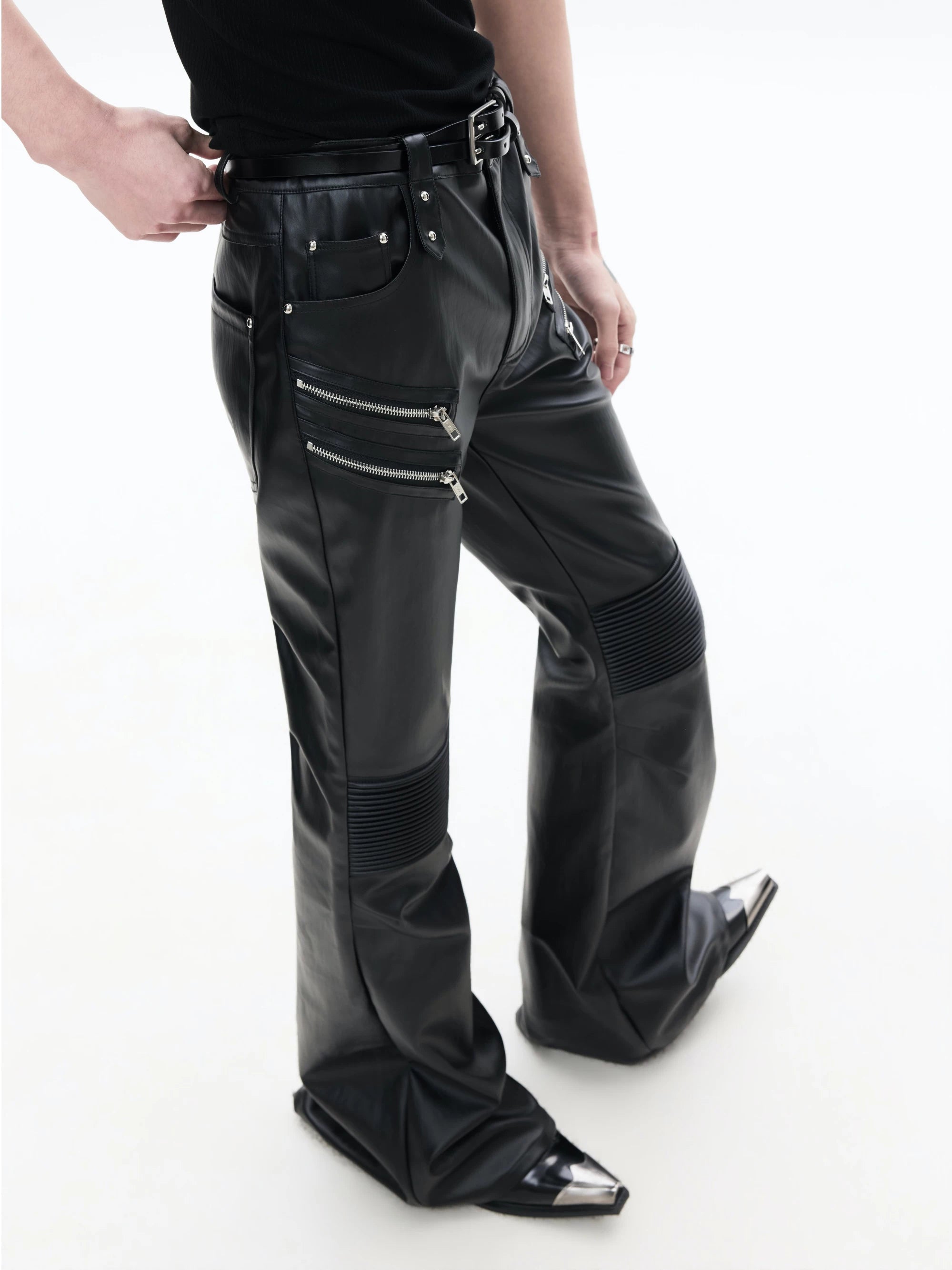 Black Zipped Coated Flared Leather Pants
