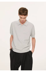 Wheat Jacquard V-Neck Knit Polo Tee