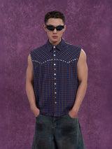 Men's Plaid Striped Patchwork Rivet Vest