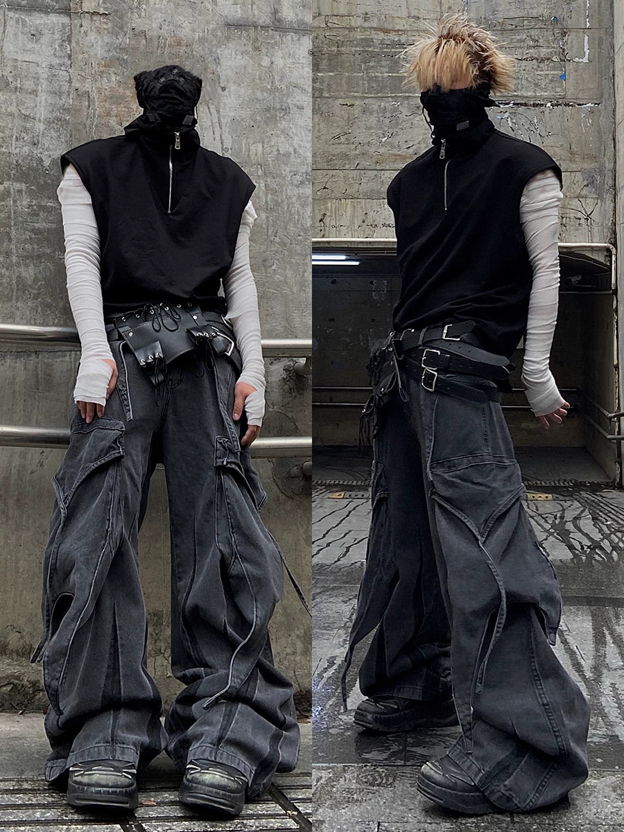 Vintage Deconstructed Washed Wide Leg Jeans