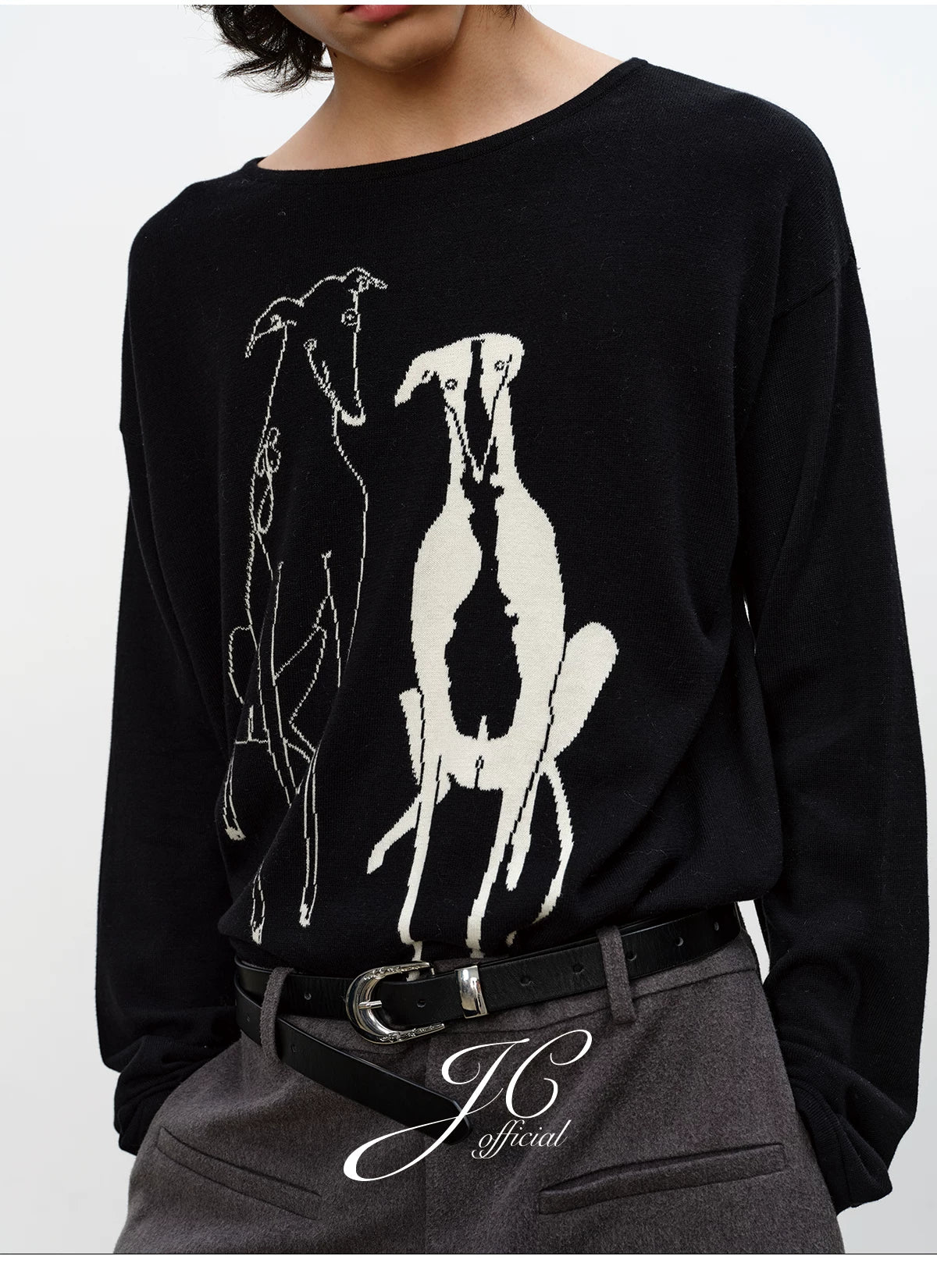 Drop Shoulder Dog Jacquard Cotton Sweater