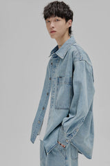 14Oz Washed Denim Asymmetric-Pocket Shirt Jacket