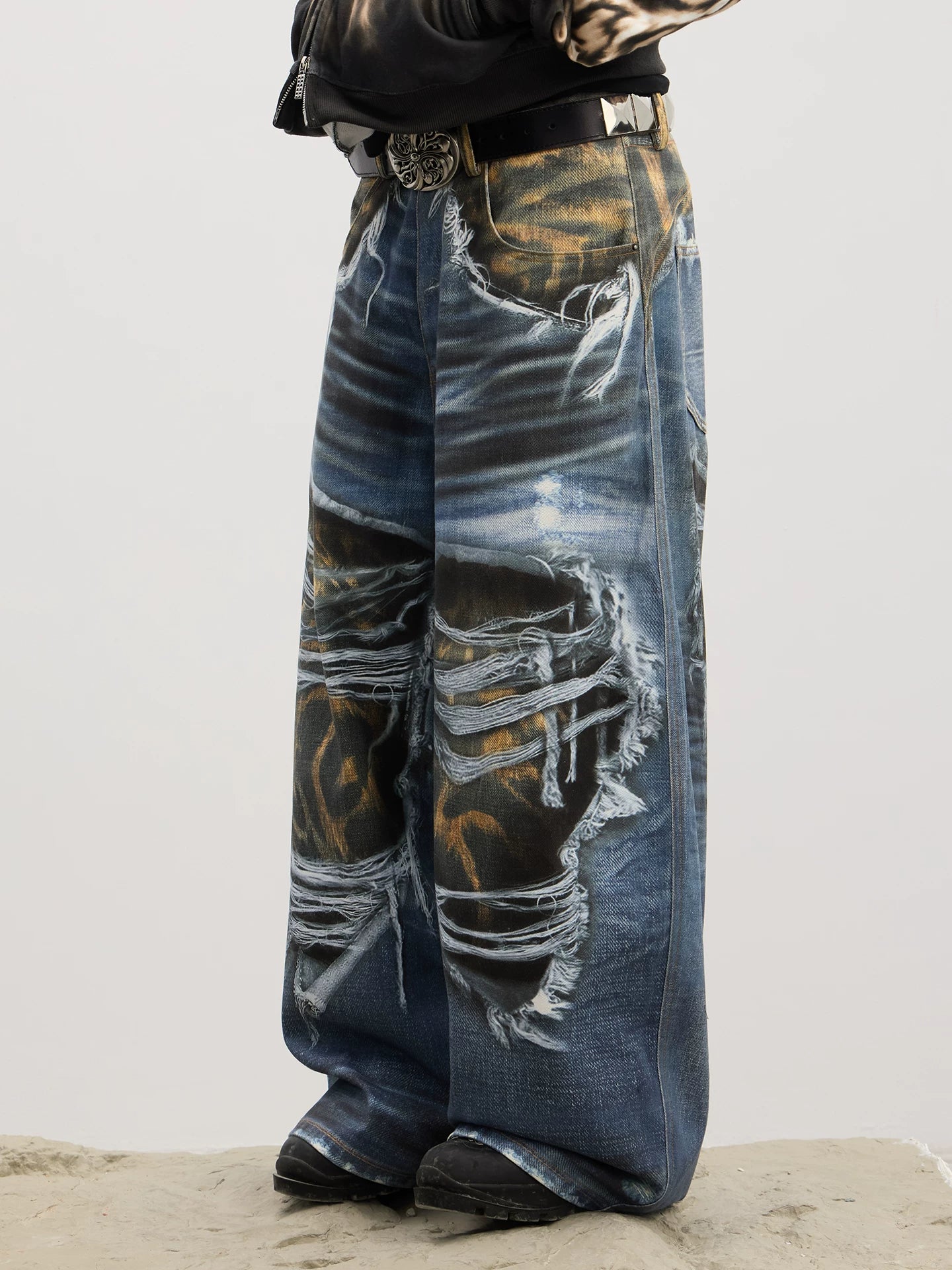 Leopard Print Ripped Washed Baggy Jeans