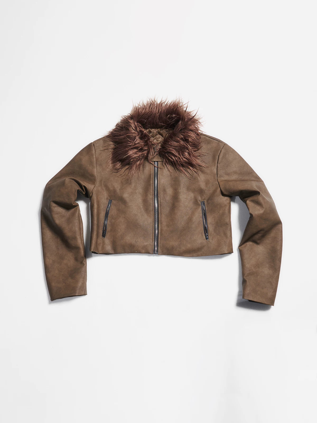 Y2K Fur Collar Cropped Leather Jacket