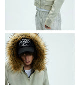 Washed Detachable Fur Zip Hoodie