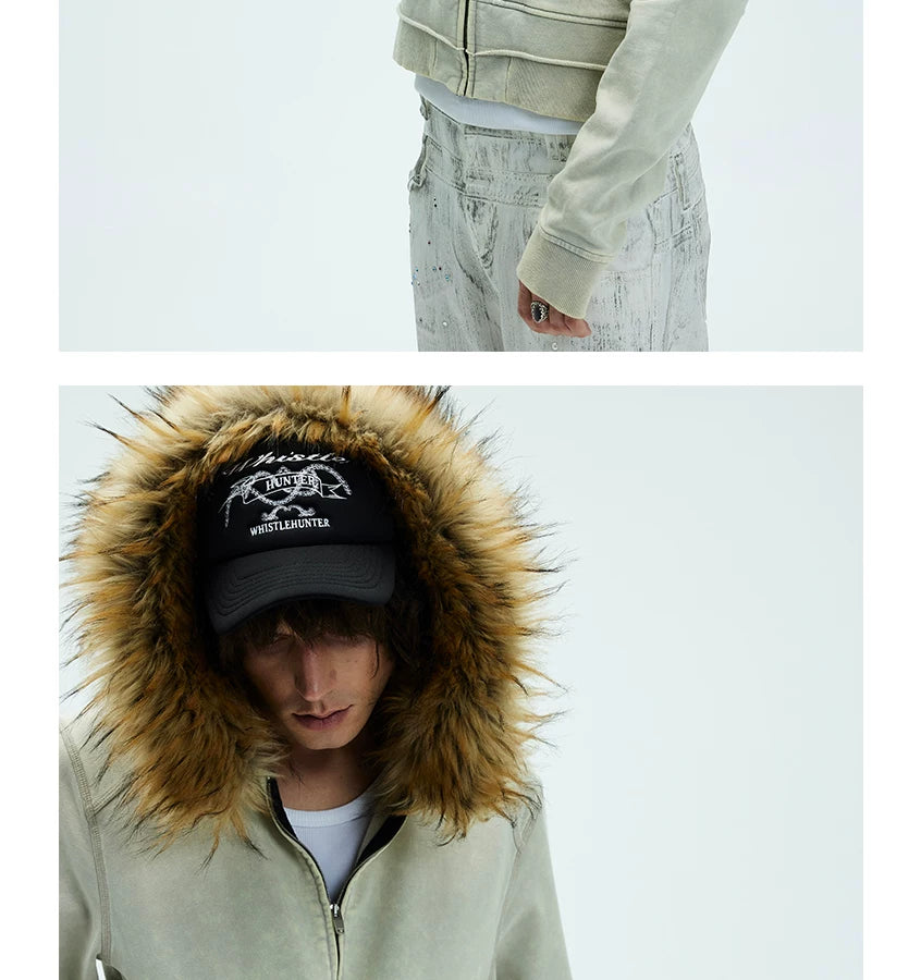 Washed Detachable Fur Zip Hoodie