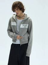 Two-Tone Cotton Embroidered Crop Zip Hoodie
