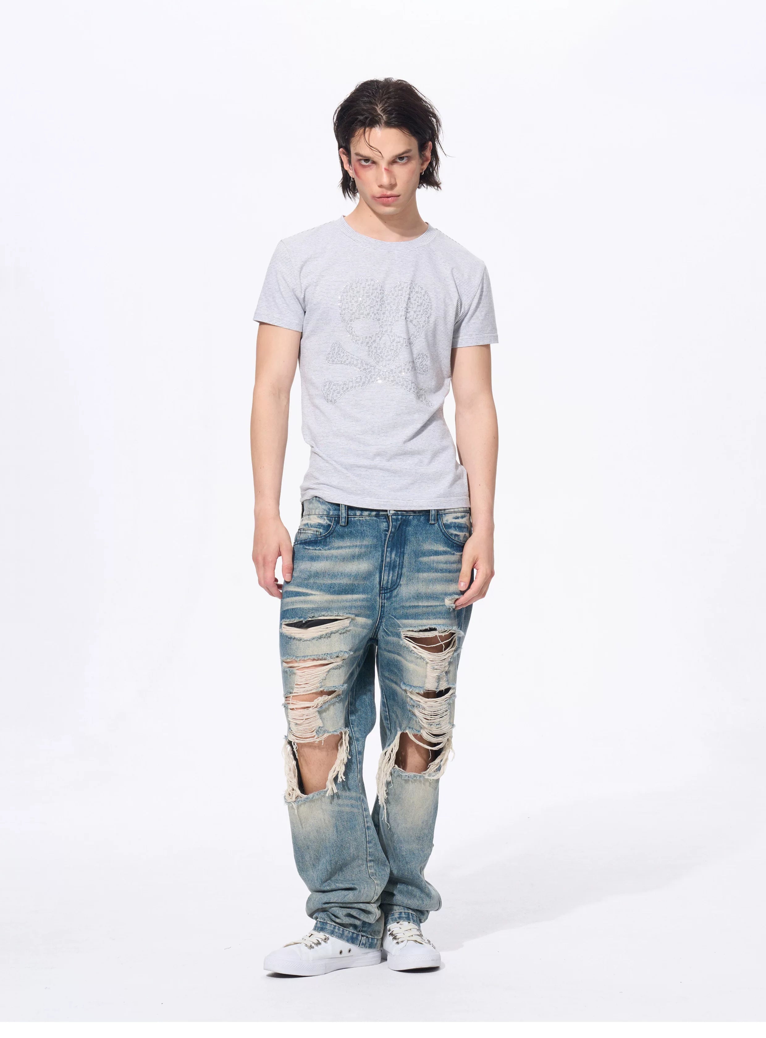 Men’s Rhinestone Skull Striped Tees