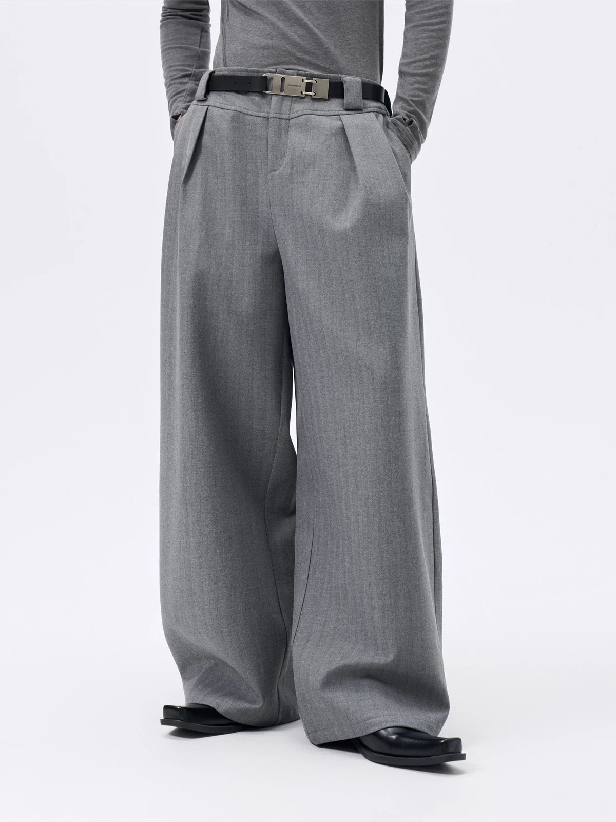Grey Striped Wide Leg Lyocell Pants
