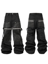 Black Waxed Straight Mesh Cord Jeans
