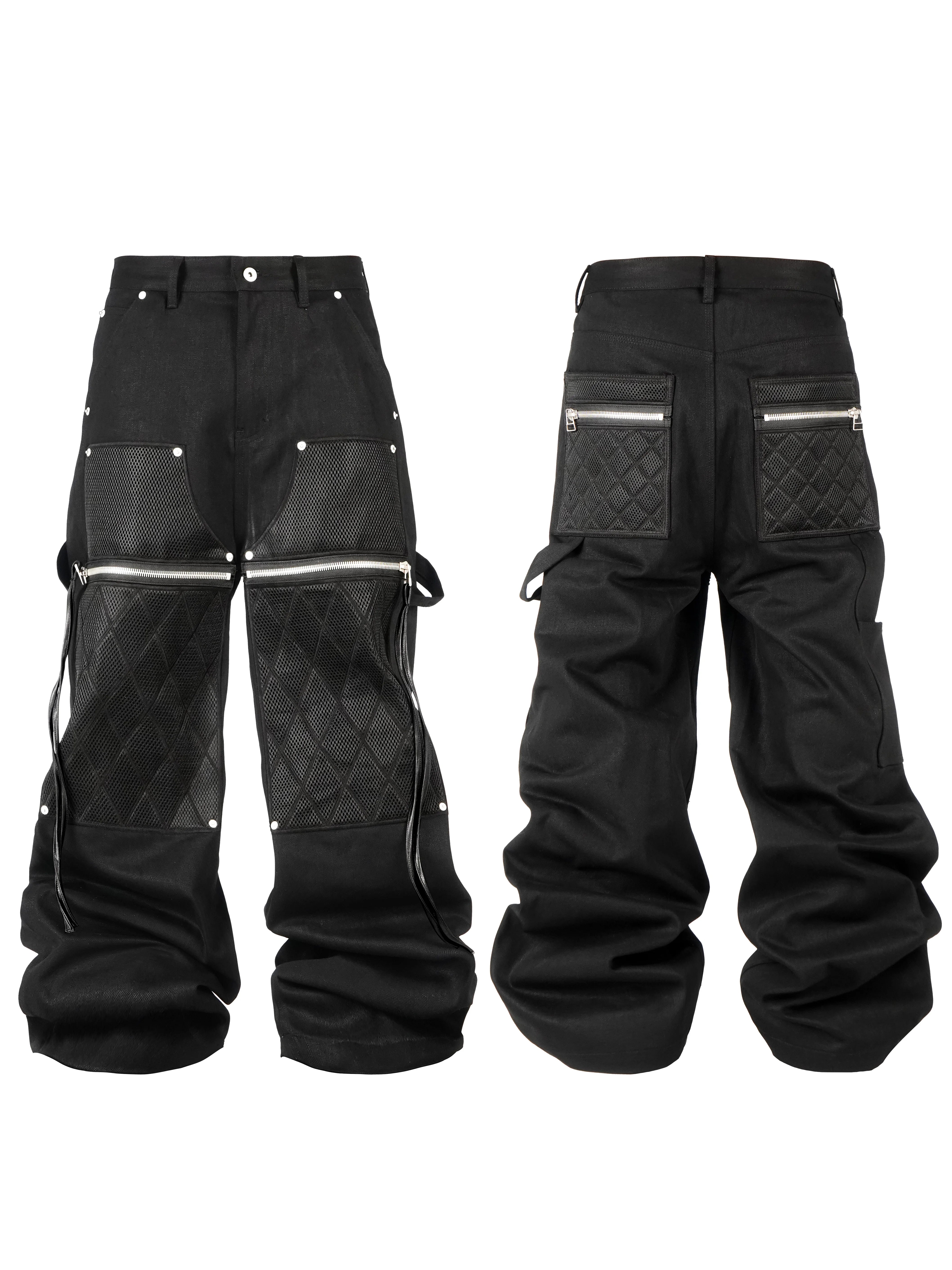 Black Waxed Straight Mesh Cord Jeans