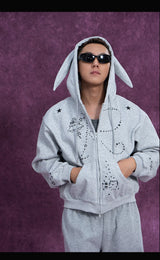 Men's Gray Bunny Ears Printed Hoodie