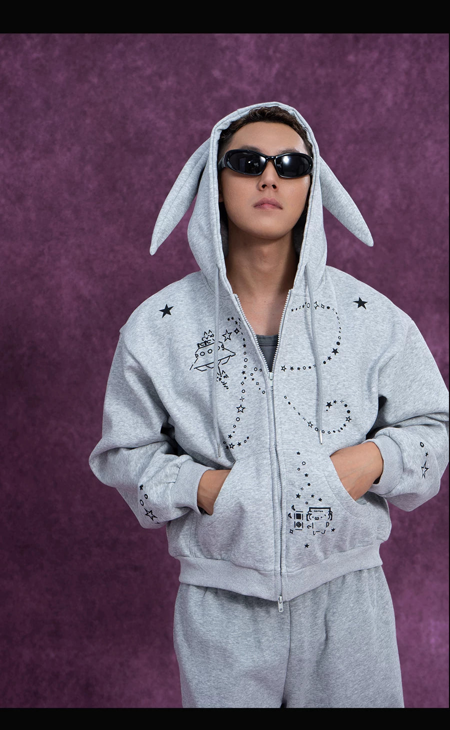 Men's Gray Bunny Ears Printed Hoodie