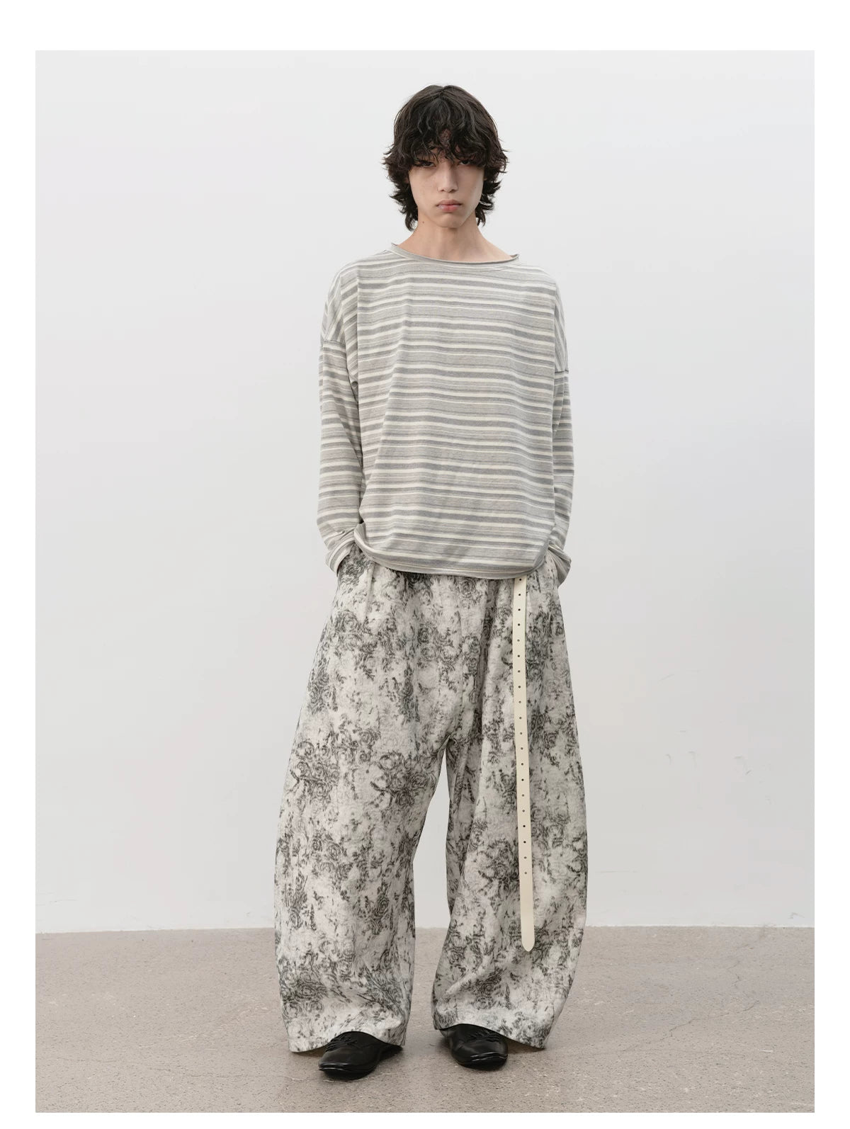 Striped Roll Cuff Drop Shoulder Top