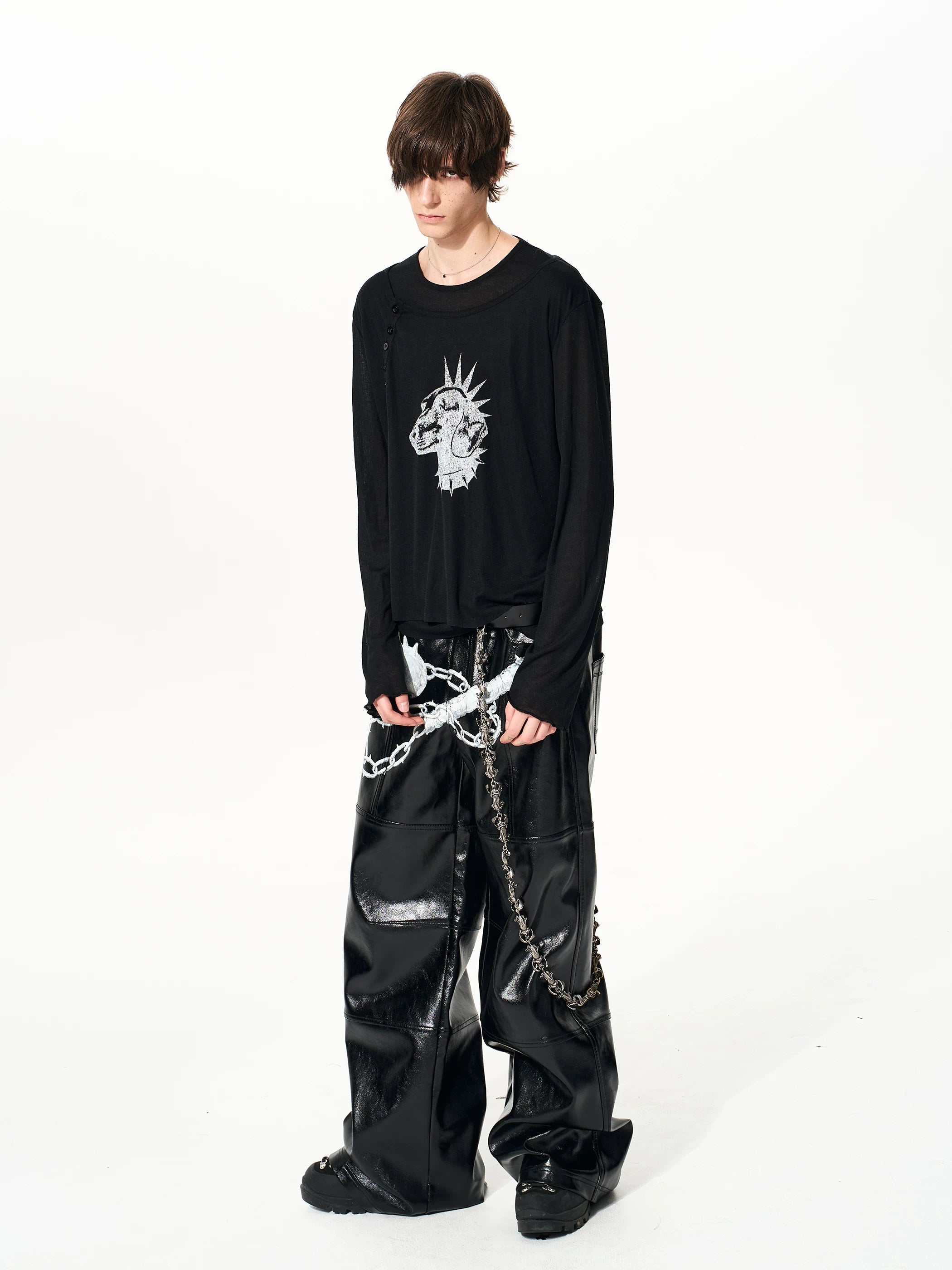 Men's Black Print Twofer Long-Sleeve Tee