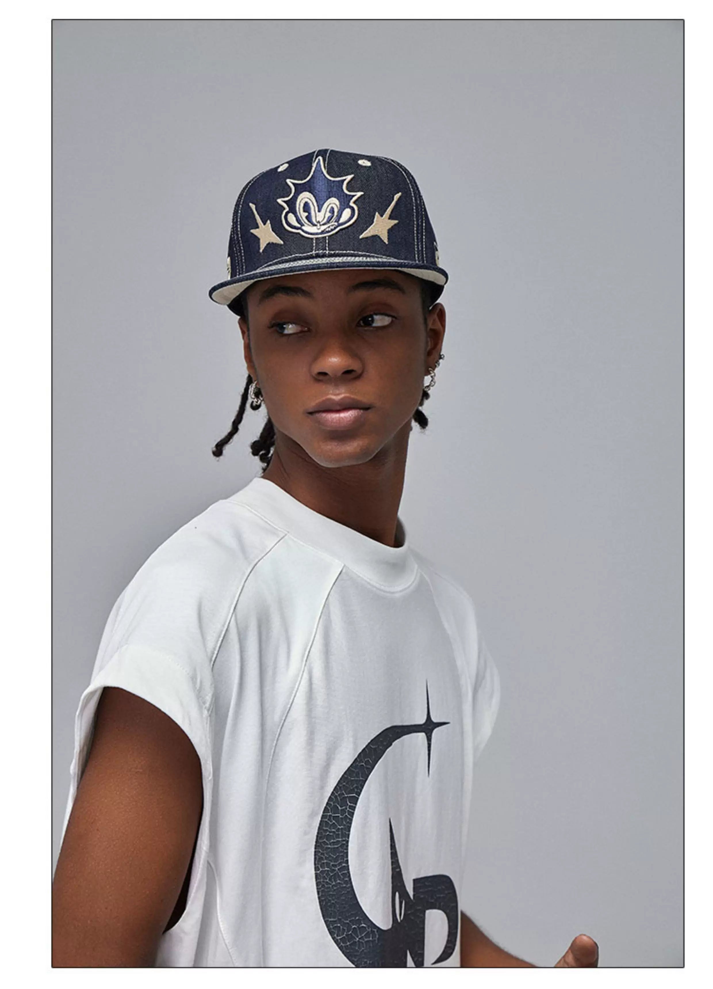 Embroidered Flat-Brim Denim Baseball Cap