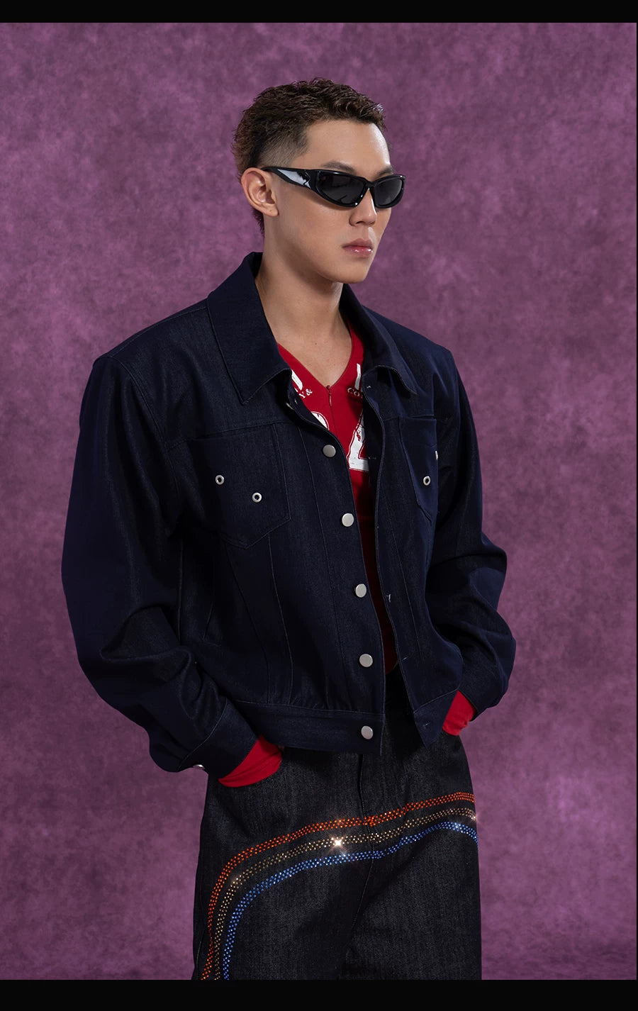Men's Navy Padded Cropped Denim Jacket