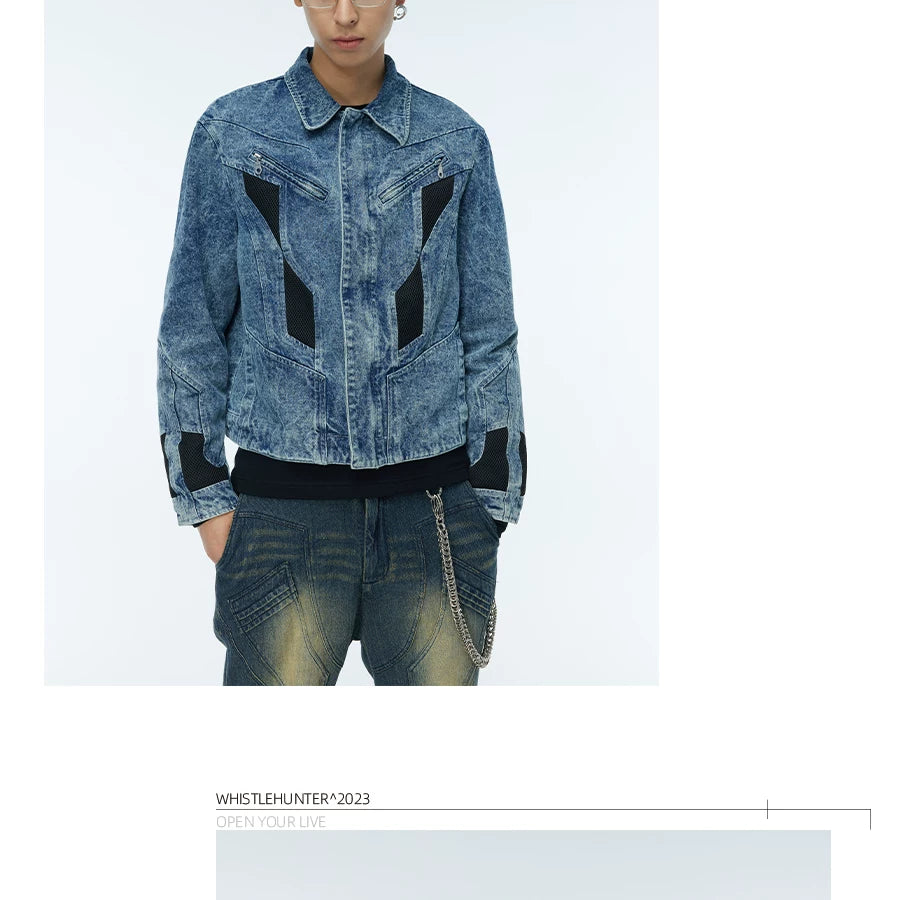 Vintage Washed Two-Tone Mesh Denim Jacket